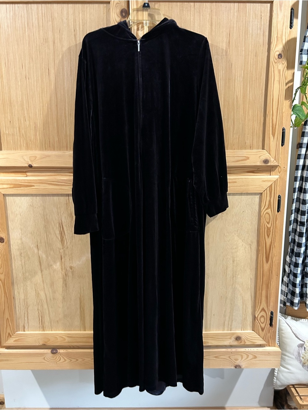 Joan Rivers Black Velvet Hooded Robe with Zipper
